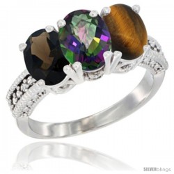 14K White Gold Natural Smoky Topaz, Mystic Topaz & Tiger Eye Ring 3-Stone 7x5 mm Oval Diamond Accent