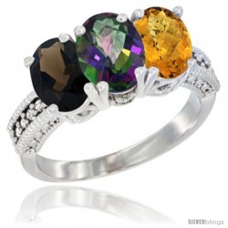 14K White Gold Natural Smoky Topaz, Mystic Topaz & Whisky Quartz Ring 3-Stone 7x5 mm Oval Diamond Accent