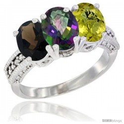 14K White Gold Natural Smoky Topaz, Mystic Topaz & Lemon Quartz Ring 3-Stone 7x5 mm Oval Diamond Accent