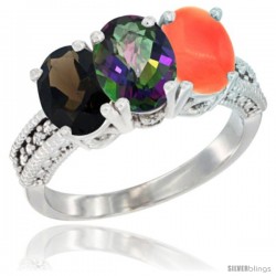 14K White Gold Natural Smoky Topaz, Mystic Topaz & Coral Ring 3-Stone 7x5 mm Oval Diamond Accent