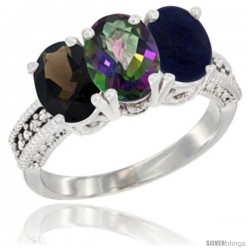 14K White Gold Natural Smoky Topaz, Mystic Topaz & Lapis Ring 3-Stone 7x5 mm Oval Diamond Accent