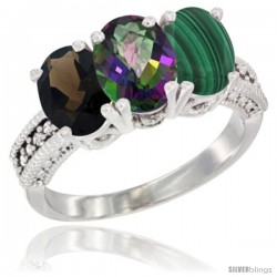 14K White Gold Natural Smoky Topaz, Mystic Topaz & Malachite Ring 3-Stone 7x5 mm Oval Diamond Accent