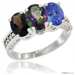 14K White Gold Natural Smoky Topaz, Mystic Topaz & Tanzanite Ring 3-Stone 7x5 mm Oval Diamond Accent