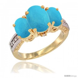 14K Yellow Gold Ladies 3-Stone Oval Natural Turquoise Ring Diamond Accent