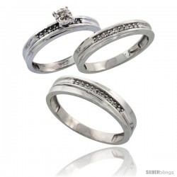 Sterling Silver 3-Piece Trio His (5mm) & Hers (3mm) Diamond Wedding Band Set, w/ 0.11 Carat Brilliant Cut Diamonds