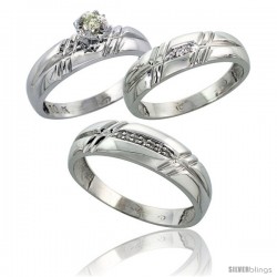 Sterling Silver 3-Piece Trio His (6mm) & Hers (5.5mm) Diamond Wedding Band Set, w/ 0.12 Carat Brilliant Cut Diamonds