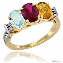 10K Yellow Gold Natural Aquamarine, Ruby & Whisky Quartz Ring 3-Stone Oval 7x5 mm Diamond Accent