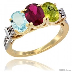 10K Yellow Gold Natural Aquamarine, Ruby & Lemon Quartz Ring 3-Stone Oval 7x5 mm Diamond Accent