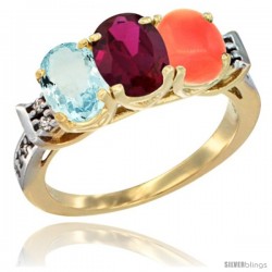 10K Yellow Gold Natural Aquamarine, Ruby & Coral Ring 3-Stone Oval 7x5 mm Diamond Accent