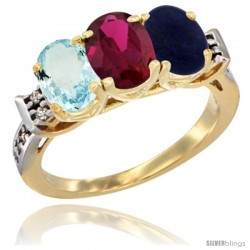 10K Yellow Gold Natural Aquamarine, Ruby & Lapis Ring 3-Stone Oval 7x5 mm Diamond Accent