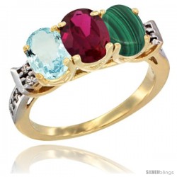 10K Yellow Gold Natural Aquamarine, Ruby & Malachite Ring 3-Stone Oval 7x5 mm Diamond Accent