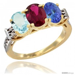 10K Yellow Gold Natural Aquamarine, Ruby & Tanzanite Ring 3-Stone Oval 7x5 mm Diamond Accent