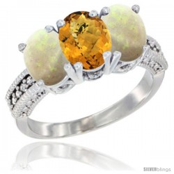 14K White Gold Natural Whisky Quartz & Opal Sides Ring 3-Stone 7x5 mm Oval Diamond Accent