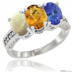 14K White Gold Natural Opal, Whisky Quartz & Tanzanite Ring 3-Stone 7x5 mm Oval Diamond Accent