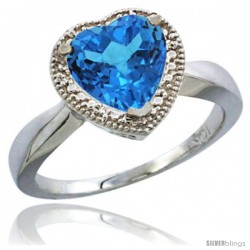 10K White Gold Natural Swiss Blue Topaz Ring Heart-shape 8x8 Stone Diamond Accent