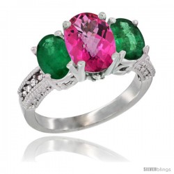 10K White Gold Ladies Natural Pink Topaz Oval 3 Stone Ring with Emerald Sides Diamond Accent