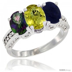 10K White Gold Natural Mystic Topaz, Lemon Quartz & Lapis Ring 3-Stone Oval 7x5 mm Diamond Accent