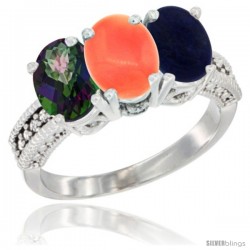 10K White Gold Natural Mystic Topaz, Coral & Lapis Ring 3-Stone Oval 7x5 mm Diamond Accent