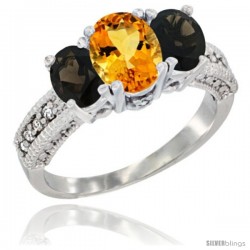 14k White Gold Ladies Oval Natural Citrine 3-Stone Ring with Smoky Topaz Sides Diamond Accent