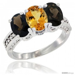 14K White Gold Natural Citrine & Smoky Topaz Ring 3-Stone 7x5 mm Oval Diamond Accent