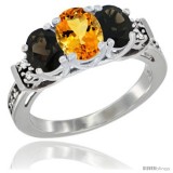 14K White Gold Natural Citrine & Smoky Topaz Ring 3-Stone Oval with Diamond Accent