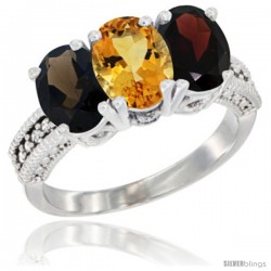 14K White Gold Natural Smoky Topaz, Citrine & Garnet Ring 3-Stone 7x5 mm Oval Diamond Accent