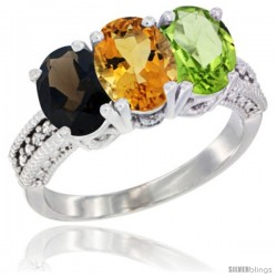 14K White Gold Natural Smoky Topaz, Citrine & Peridot Ring 3-Stone 7x5 mm Oval Diamond Accent