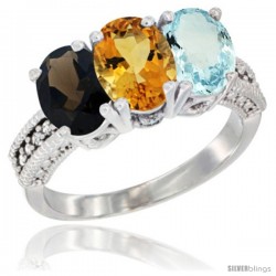 14K White Gold Natural Smoky Topaz, Citrine & Aquamarine Ring 3-Stone 7x5 mm Oval Diamond Accent