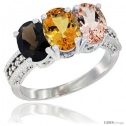 14K White Gold Natural Smoky Topaz, Citrine & Morganite Ring 3-Stone 7x5 mm Oval Diamond Accent