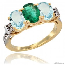 10K Yellow Gold Natural Emerald & Aquamarine Sides Ring 3-Stone Oval 7x5 mm Diamond Accent