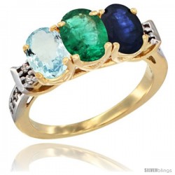 10K Yellow Gold Natural Aquamarine, Emerald & Blue Sapphire Ring 3-Stone Oval 7x5 mm Diamond Accent