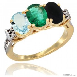 10K Yellow Gold Natural Aquamarine, Emerald & Black Onyx Ring 3-Stone Oval 7x5 mm Diamond Accent