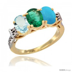 10K Yellow Gold Natural Aquamarine, Emerald & Turquoise Ring 3-Stone Oval 7x5 mm Diamond Accent