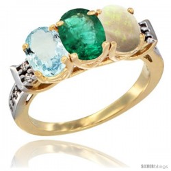 10K Yellow Gold Natural Aquamarine, Emerald & Opal Ring 3-Stone Oval 7x5 mm Diamond Accent