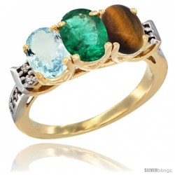 10K Yellow Gold Natural Aquamarine, Emerald & Tiger Eye Ring 3-Stone Oval 7x5 mm Diamond Accent