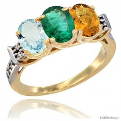 10K Yellow Gold Natural Aquamarine, Emerald & Whisky Quartz Ring 3-Stone Oval 7x5 mm Diamond Accent