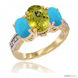 14K Yellow Gold Ladies 3-Stone Oval Natural Lemon Quartz Ring with Turquoise Sides Diamond Accent