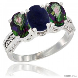 10K White Gold Natural Lapis & Mystic Topaz Sides Ring 3-Stone Oval 7x5 mm Diamond Accent