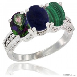 10K White Gold Natural Mystic Topaz, Lapis & Malachite Ring 3-Stone Oval 7x5 mm Diamond Accent