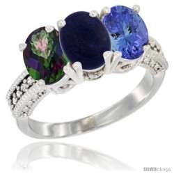 10K White Gold Natural Mystic Topaz, Lapis & Tanzanite Ring 3-Stone Oval 7x5 mm Diamond Accent