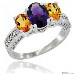 10K White Gold Ladies Oval Natural Amethyst 3-Stone Ring with Citrine Sides Diamond Accent