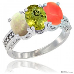 14K White Gold Natural Opal, Lemon Quartz & Coral Ring 3-Stone 7x5 mm Oval Diamond Accent