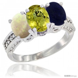 14K White Gold Natural Opal, Lemon Quartz & Lapis Ring 3-Stone 7x5 mm Oval Diamond Accent