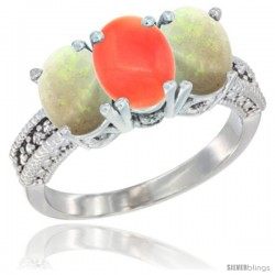 14K White Gold Natural Coral & Opal Sides Ring 3-Stone 7x5 mm Oval Diamond Accent