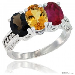 14K White Gold Natural Smoky Topaz, Citrine & Ruby Ring 3-Stone 7x5 mm Oval Diamond Accent