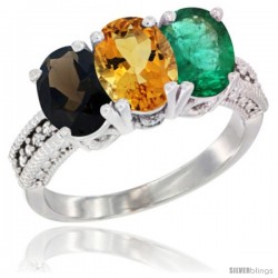 14K White Gold Natural Smoky Topaz, Citrine & Emerald Ring 3-Stone 7x5 mm Oval Diamond Accent