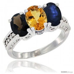 14K White Gold Natural Smoky Topaz, Citrine & Blue Sapphire Ring 3-Stone 7x5 mm Oval Diamond Accent