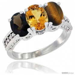 14K White Gold Natural Smoky Topaz, Citrine & Tiger Eye Ring 3-Stone 7x5 mm Oval Diamond Accent