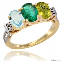 10K Yellow Gold Natural Aquamarine, Emerald & Lemon Quartz Ring 3-Stone Oval 7x5 mm Diamond Accent