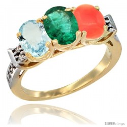 10K Yellow Gold Natural Aquamarine, Emerald & Coral Ring 3-Stone Oval 7x5 mm Diamond Accent